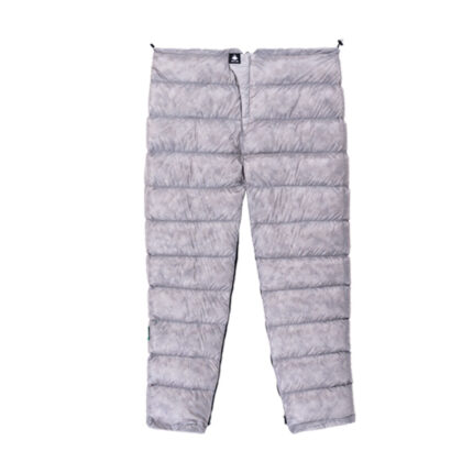 Gray quilted insulated snow pants with horizontal baffles and a zip fly, designed for winter warmth.