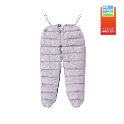 Gray quilted insulated overpants with adjustable suspenders, designed for cold weather; Asia Outdoor Industry Award 2018 badge in the corner.