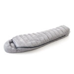 Silver-grey mummy sleeping bag laid out on a white background, ready for camping use.