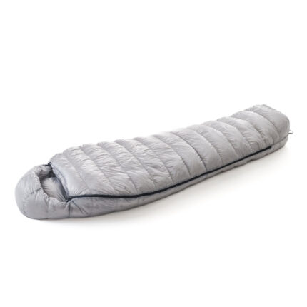 Silver-grey mummy sleeping bag laid out on a white background, ready for camping use.
