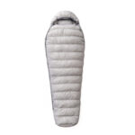 Puffy silver-gray mummy sleeping bag laid flat, full-length with horizontal quilting and a hooded top edge