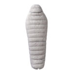 Silver-gray mummy-style down sleeping bag with a hood, laid flat with horizontal quilting lines.