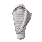 Silver, quilted down sleeping bag with a hood laid out vertically, showing its mummy shape and zipper at the bottom edge