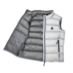 Grey-to-white puffer vest opened to show dark inner lining, front zipper and zip pockets; Iceflame logo on chest pocket.