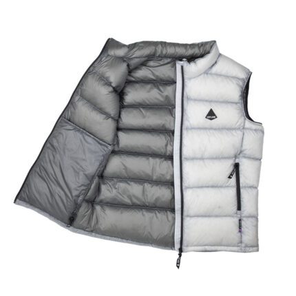 Grey-to-white puffer vest opened to show dark inner lining, front zipper and zip pockets; Iceflame logo on chest pocket.