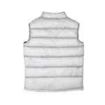 Back view of a light gray quilted puffer vest with horizontal baffles and stand-up collar