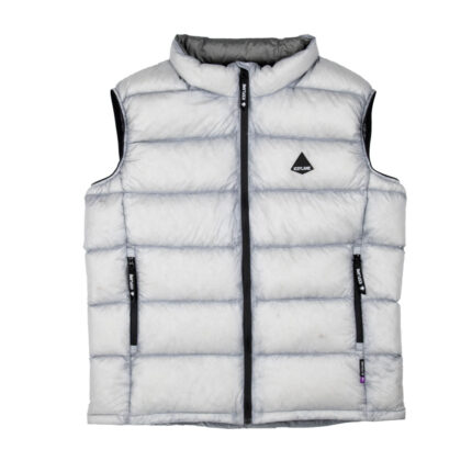 Light gray padded sleeveless vest with black zipper and a small triangular logo on the left chest