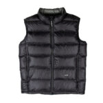 Black quilted puffer vest with front zip and two zip pockets, sleeveless outerwear laid flat.
