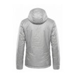 Back view of a light gray quilted puffer jacket with a hood, photographed from behind.