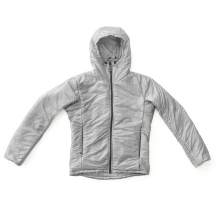 Gray hooded puffer jacket laid flat with a black front zipper and quilted panels.