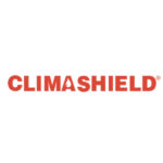 Climashield logo in red uppercase letters on a white background, featuring a water-drop shape inside the letter A.