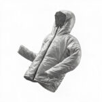 Silver puffer jacket with hood and front zipper, floating against a white background.