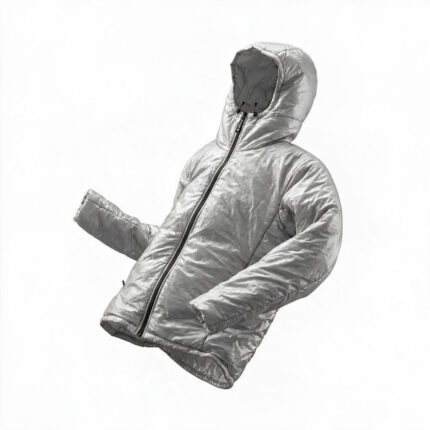 Silver puffer jacket with hood and front zipper, floating against a white background.