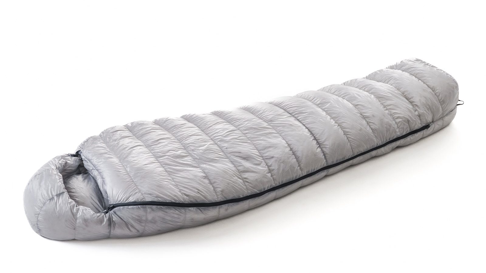 Silver-grey mummy sleeping bag laid out on a white background, ready for camping use.